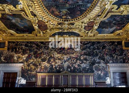 Venice, Italy - May 20, 2017: Interior of the Doge`s Palace (Palazzo Ducale), the Higher Council Hall. Doge`s Palace is one of the main tourist attrac Stock Photo